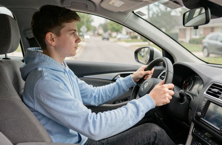 Jeune conducteur de 16 ans tenant le volant d'une voiture lors d'une leçon de conduite accompagnée