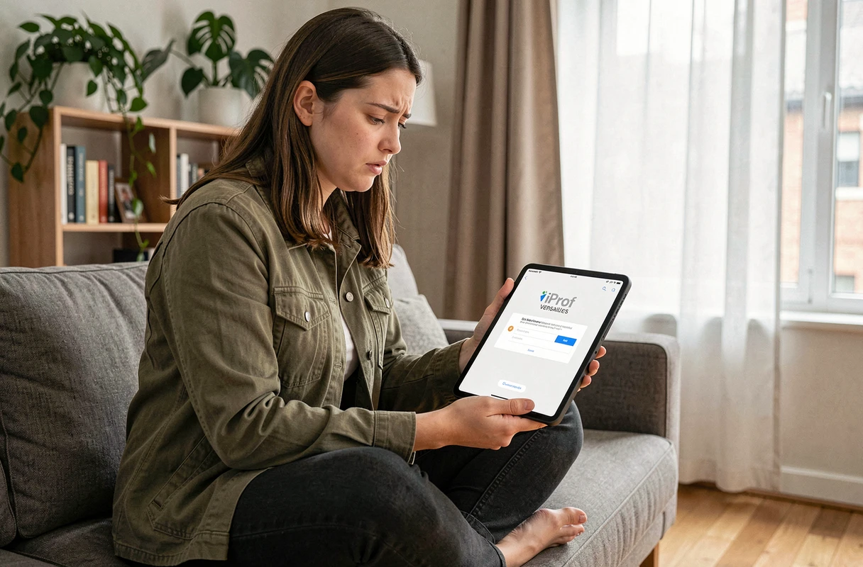Jeune enseignante à domicile tentant de résoudre un problème de connexion au portail iProf Versailles sur tablette