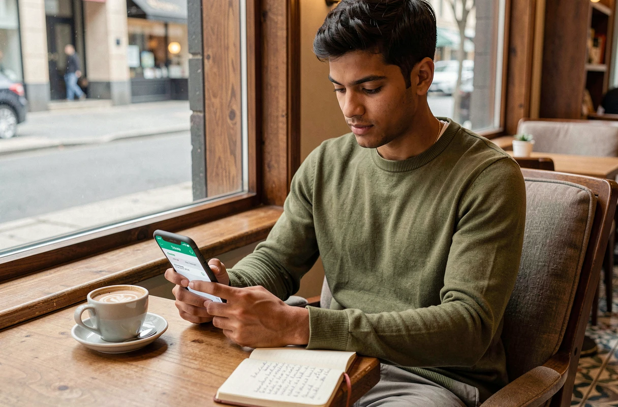 Jeune professionnel consultant une application de recherche d'emploi sur smartphone dans un café