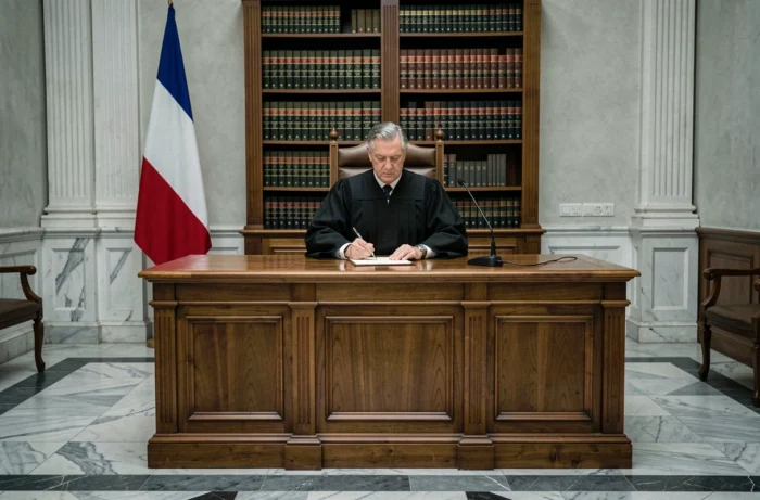 Juge en robe noire tamponnant un document officiel derrière son banc dans un tribunal français