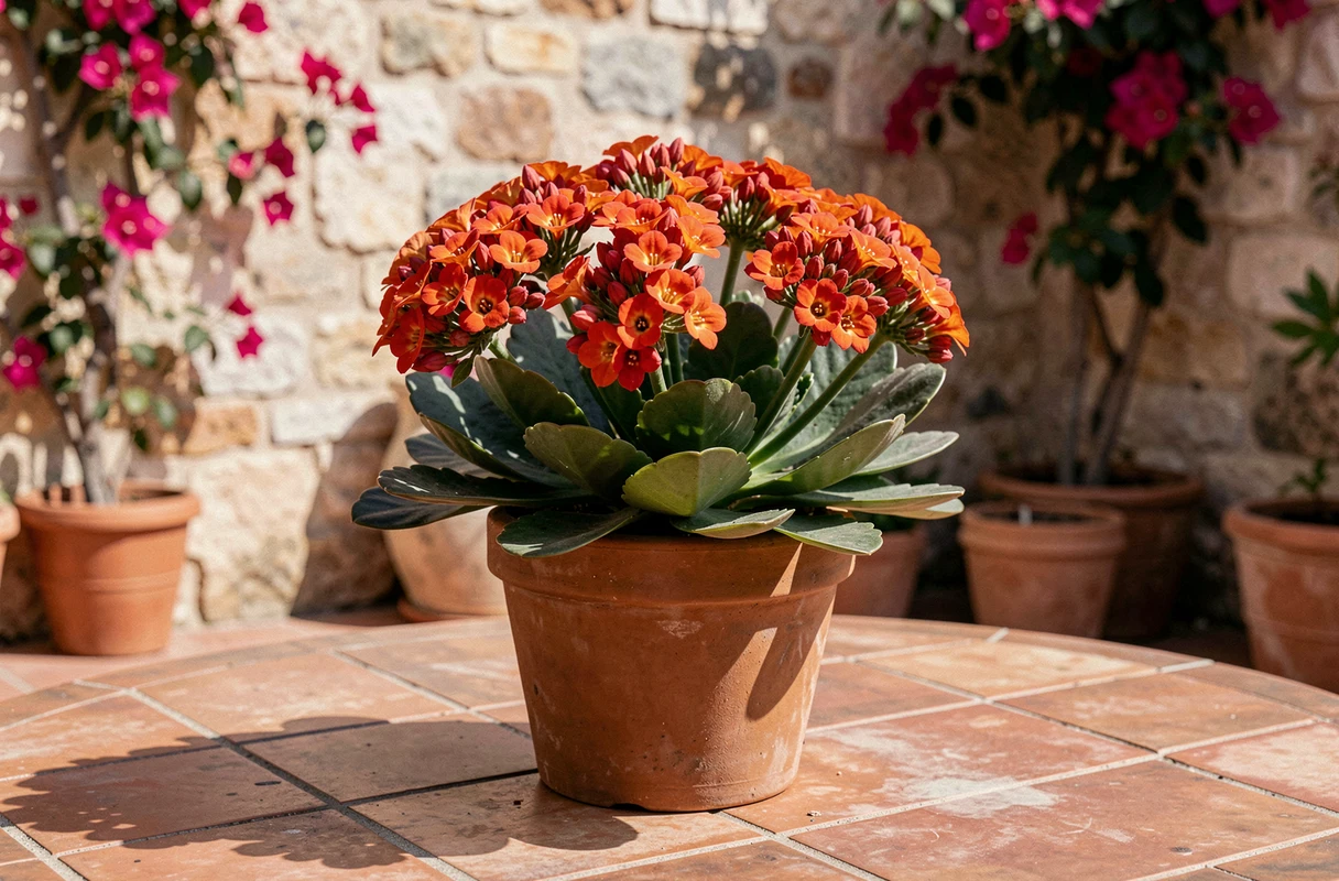 Kalanchoe en pot sur une terrasse méditerranéenne avec ses fleurs rouges et oranges compactes