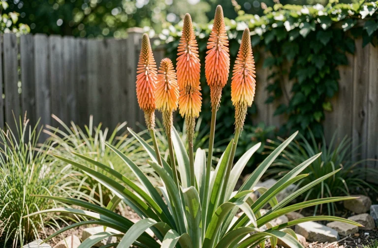 Kniphofia en fleur dans un jardin ornemental avec ses épis orange et jaune vibrants