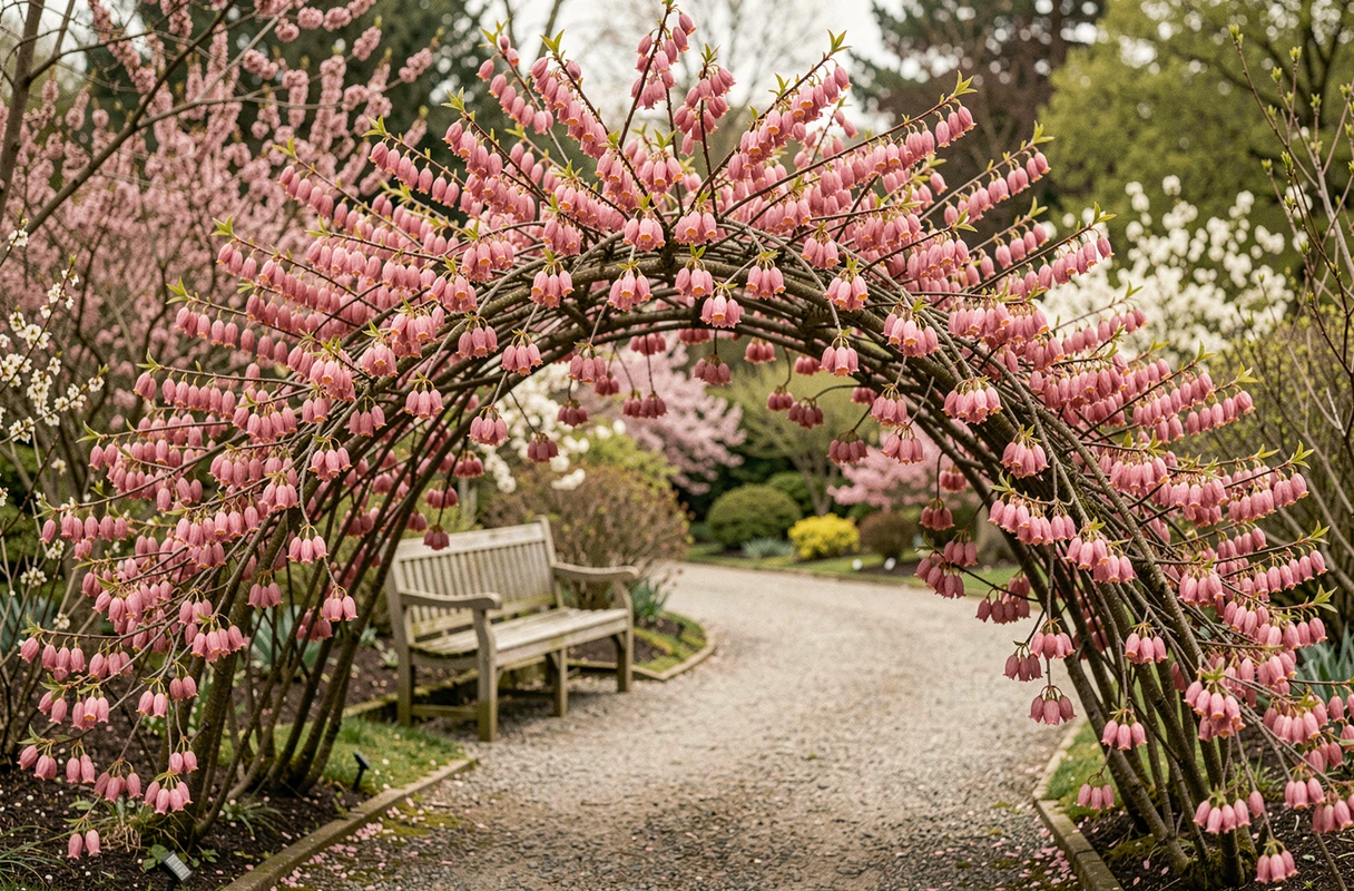 Kolkwitzia amabilis en pleine floraison printanière avec ses fleurs roses en cloche dans un jardin botanique