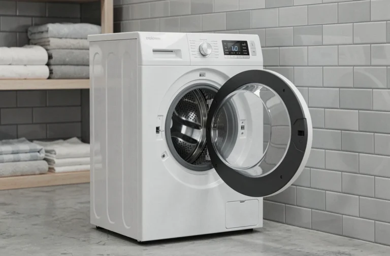 Lave-linge Valberg blanc à hublot dans une buanderie moderne aux carreaux gris, vue en trois quarts