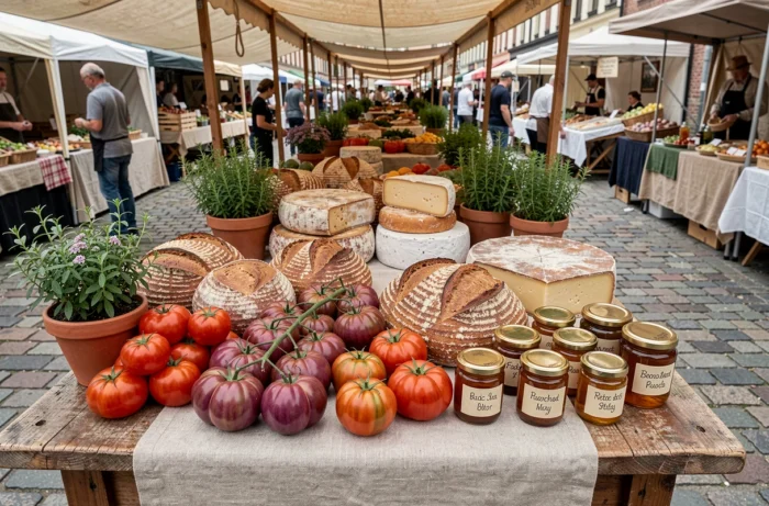 Table de marché fermier gourmand recouverte de produits artisanaux saisonniers incluant tomates anciennes, pains au levain et fromages affinés