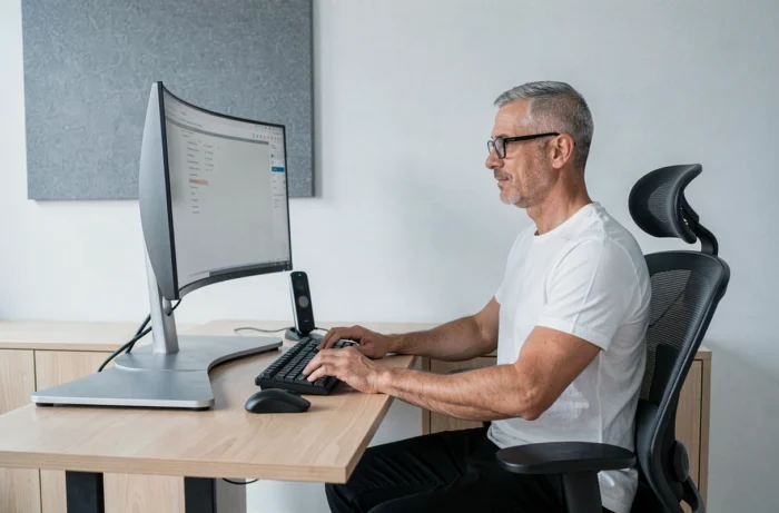 Homme utilisant un bureau réglable en hauteur et un équipement ergonomique adapté au travail prolongé à domicile