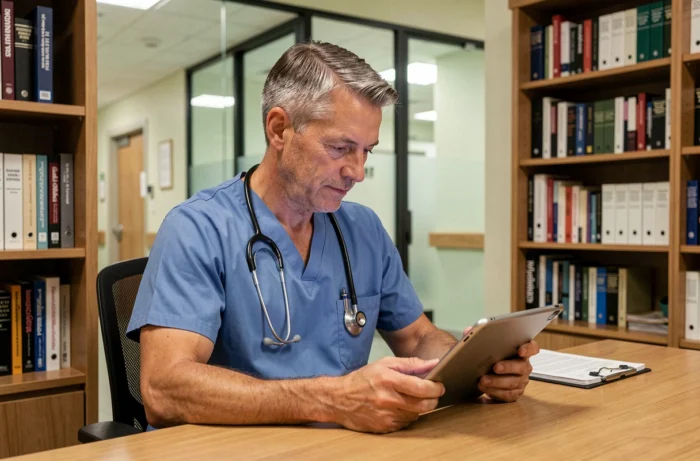 Médecin masculin consultant des données médicales numériques sur tablette dans un bureau d'hôpital moderne
