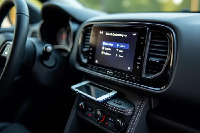 Écran tactile de la Citroën C3 affichant le menu de couplage Bluetooth avec un smartphone posé sur la console centrale