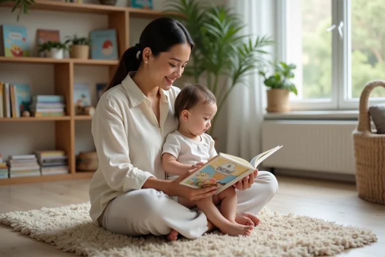 Jeune mère et son tout-petit partageant un moment de lecture sur le sol d'un salon scandinave chaleureux, illustrant l'accompagnement bienveillant de la parentalité