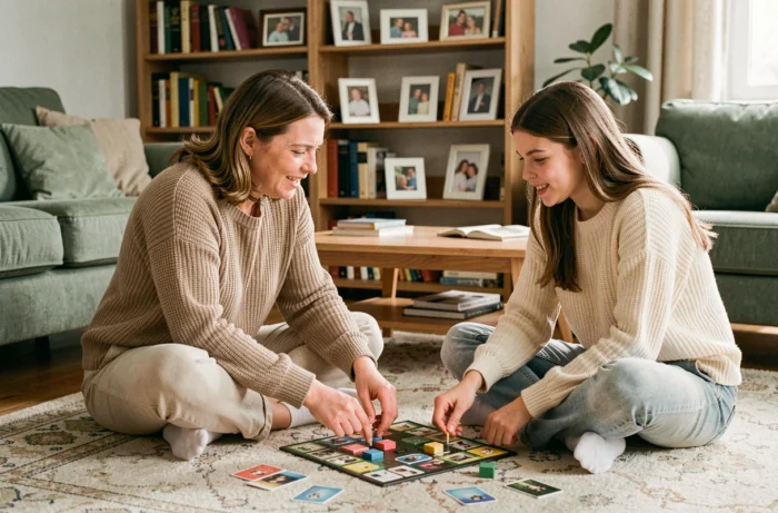 Mère et fille adolescente jouant à un jeu de société dans un salon confortable