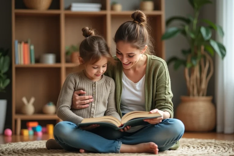 Mère et fille lisant ensemble un livre illustré sur le sol du salon, moment complice et bienveillant entre parent et enfant