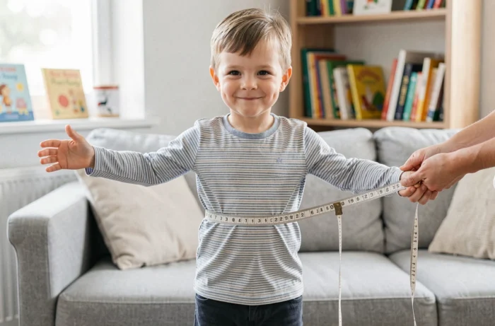 Enfant debout se faisant mesurer le tour de poitrine pour estimer sa taille de vêtement