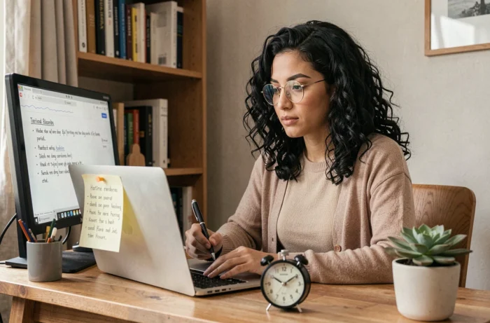 Femme utilisant un minuteur Pomodoro posé sur son bureau pour maintenir sa concentration lors de sessions de travail à domicile