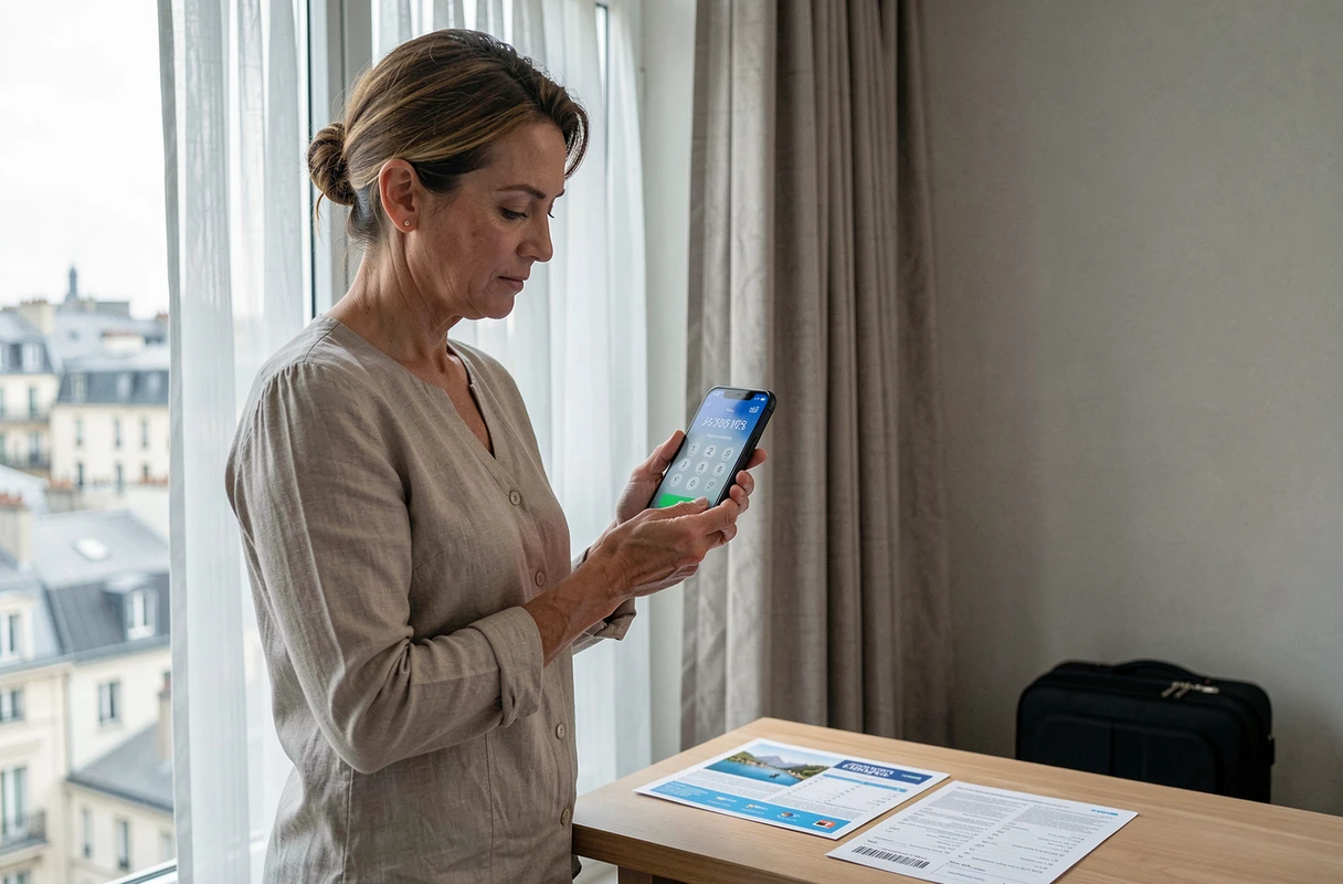 Femme en déplacement à l'étranger composant le numéro international de la Sécurité sociale sur son smartphone
