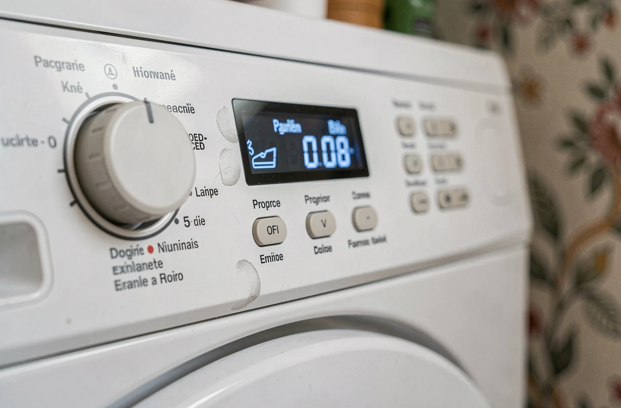 Gros plan sur le panneau de commande d'un lave-linge Valberg avec cadrans et affichage numérique du cycle de lavage