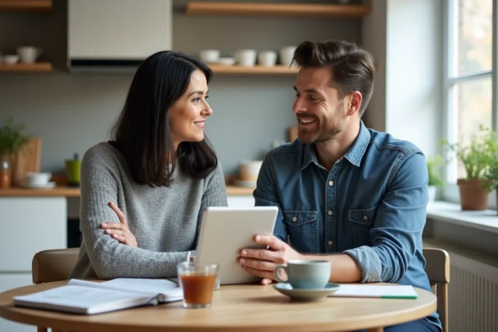Deux parents discutant sereinement de l'organisation familiale autour d'une table de cuisine, illustrant les conseils pratiques pour une parentalité équilibrée et apaisée