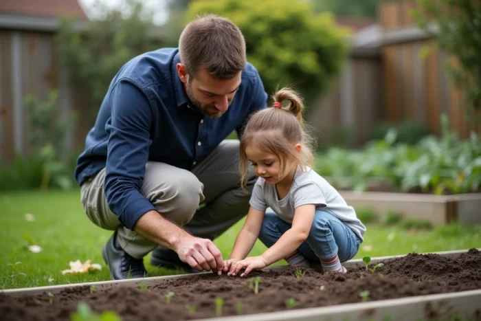 Père aidant sa fille à jardiner dans un potager familial, symbole d'une parentalité engagée et de moments éducatifs partagés en plein air