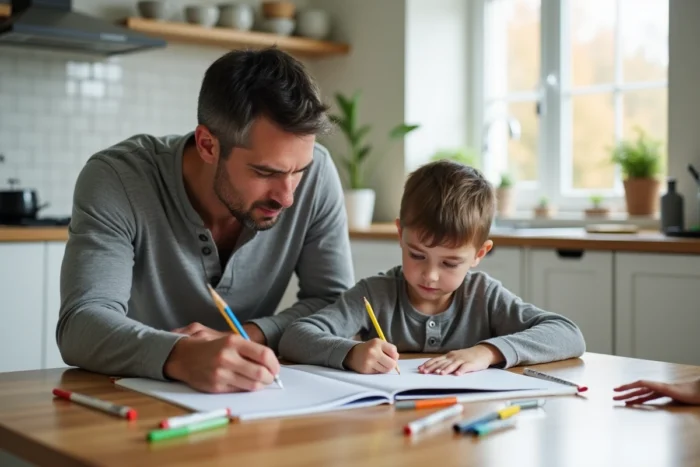 Père aidant son fils à faire ses devoirs à la table de cuisine, accompagnement parental bienveillant au quotidien