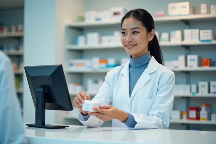 Pharmacienne remettant une boîte de médicament à un client derrière le comptoir d'une pharmacie