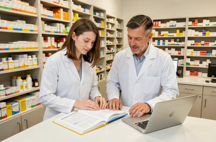 Deux pharmaciens en blouse blanche collaborant sur un ouvrage médical devant des étagères de médicaments