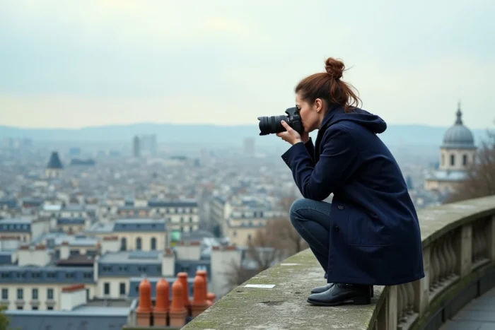 Photographe sur un toit à Montmartre avec vue panoramique sur Paris et le Sacré-Cœur