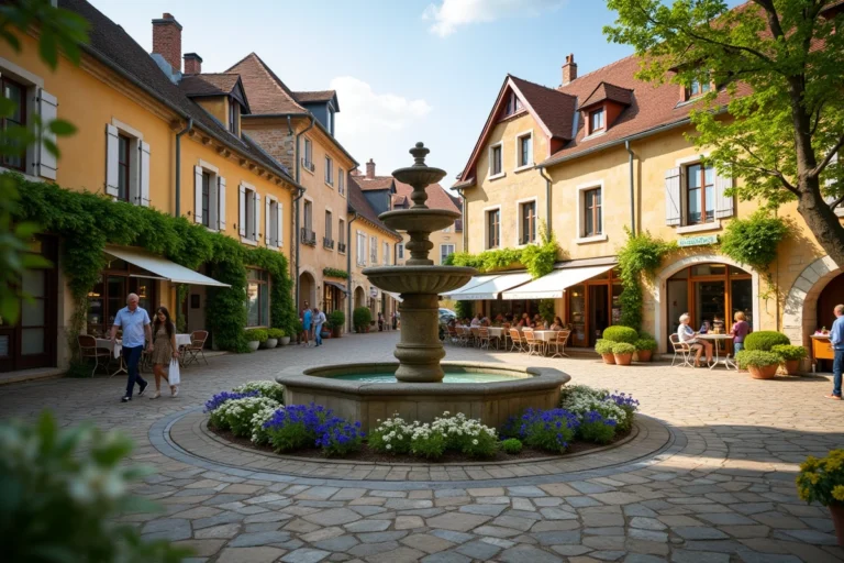 Place centrale d'un village de la communauté de communes de Beynat avec fontaine en pierre et bâtiments traditionnels en Corrèze
