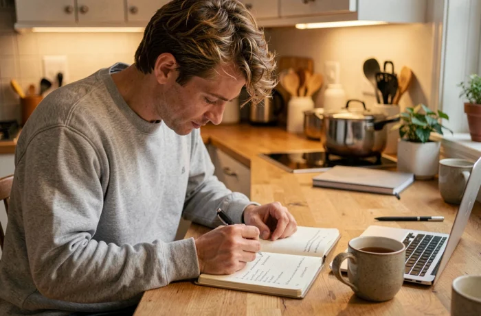 Homme planifiant ses tâches du lendemain dans un agenda papier le soir pour éviter l'effet page blanche au travail