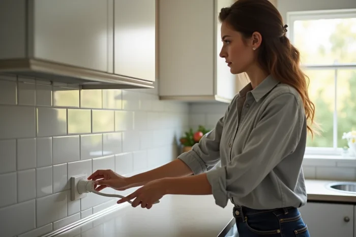 Femme branchant un appareil électroménager sur une prise murale mise à la terre dans une cuisine moderne