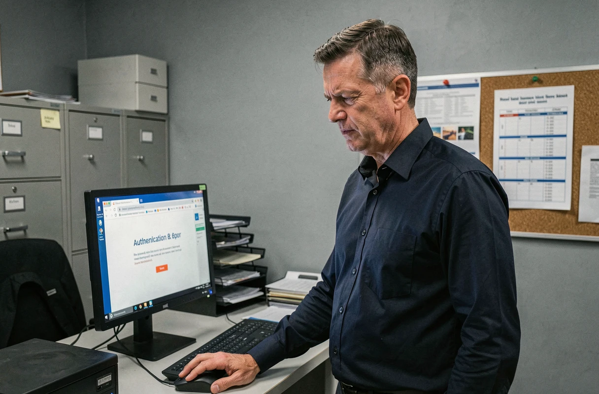 Professeur masculin consultant un message d'erreur d'authentification sur l'interface iProf dans un bureau administratif