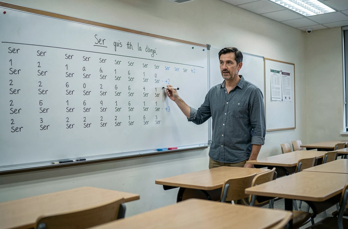 Professeur d'espagnol montrant la conjugaison du verbe ser au tableau blanc dans une salle de classe