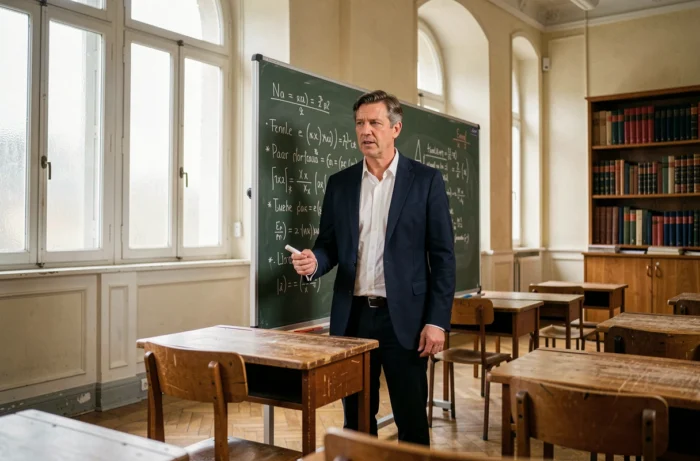 Professeur de classe préparatoire expliquant des équations au tableau noir dans une salle de cours traditionnelle française