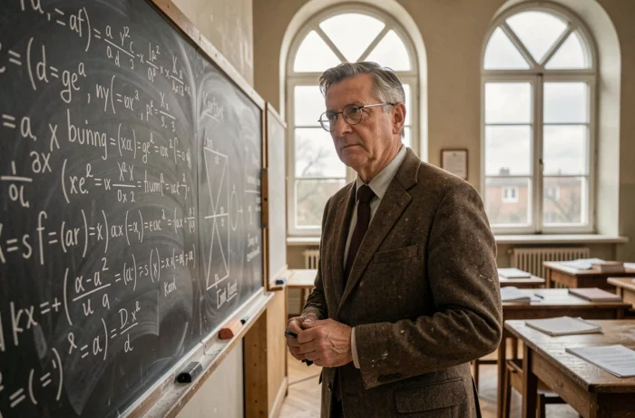 Professeur de philosophie et de sciences devant un tableau couvert d'équations et de citations philosophiques dans une salle de cours universitaire