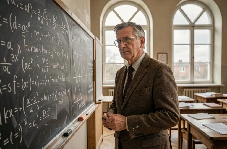 Professeur de philosophie et de sciences devant un tableau couvert d'équations et de citations philosophiques dans une salle de cours universitaire