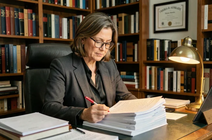 Professeure de prépa dans son bureau corrigeant des copies d'étudiants entourée de livres académiques