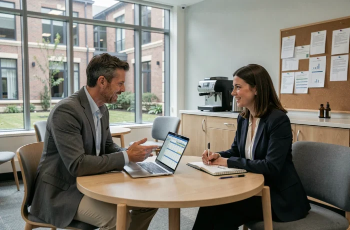 Deux professeurs de prépa discutant de leurs perspectives de carrière et de rémunération dans une salle des professeurs moderne