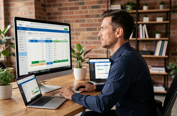 Professionnel IT comparant des offres d'hébergement web sur un grand écran de bureau dans un bureau moderne