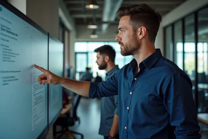 Professionnel en entreprise utilisant une suite bureautique open source gratuite en alternative à Office sur un grand écran en espace de coworking