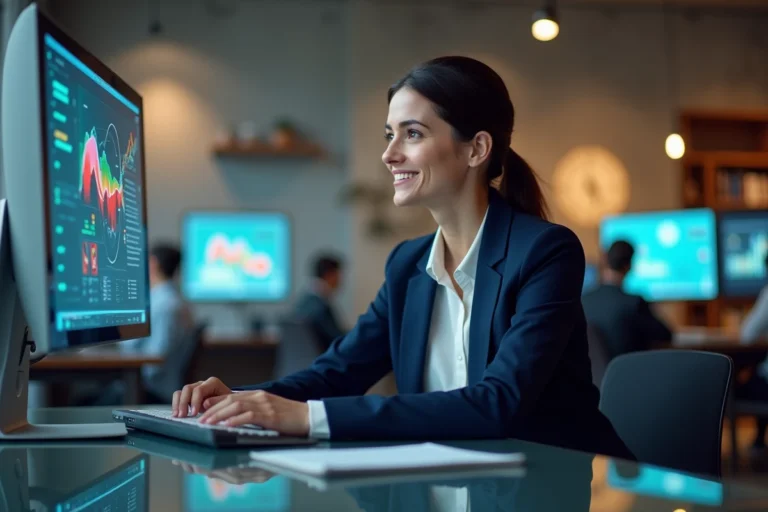 Professionnelle en entreprise regardant une vidéo motion design sur son écran d'ordinateur dans un open space moderne