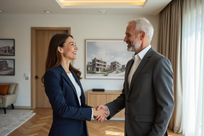 Deux professionnels de l'immobilier concluant un accord dans un appartement témoin élégamment aménagé