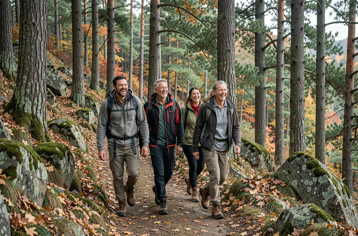 Groupe d'adultes souriants en randonnée sur un sentier forestier automnal entouré de feuilles colorées