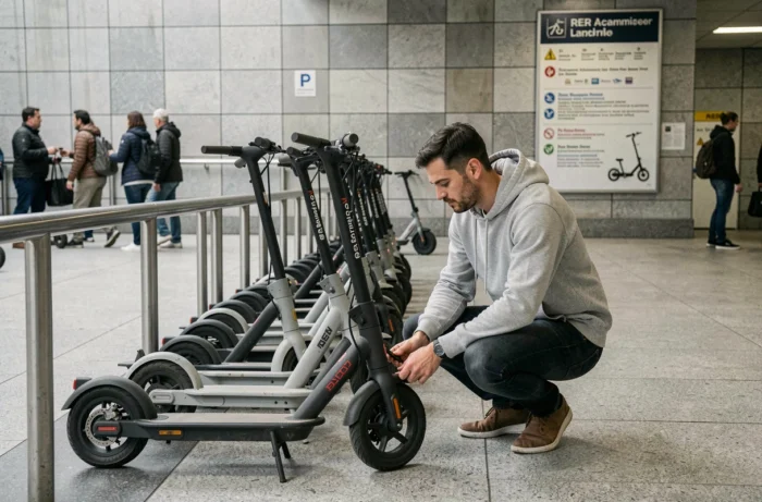 Homme inspectant sa trottinette garée dans une rangée de stationnement près d'une entrée de RER à La Défense