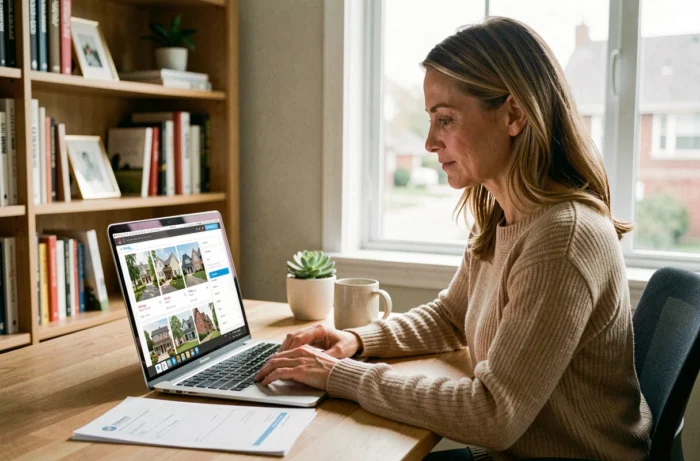 Femme recherchant un bien immobilier en ligne depuis son bureau à domicile