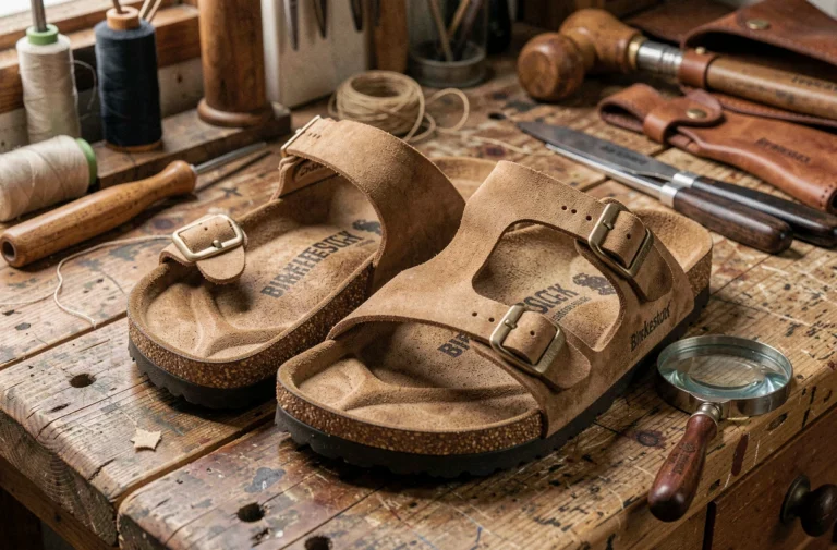 Paire de sandales Birkenstock authentiques posées sur un établi de cordonnier avec loupe d'inspection pour vérifier les détails du semelle liège et du logo