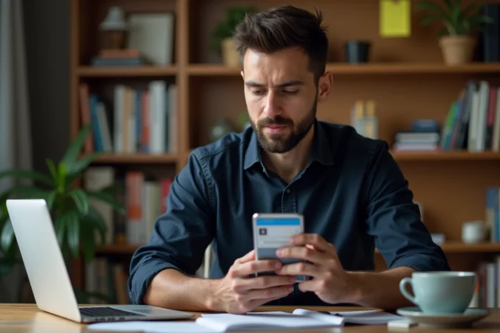 Homme consultant la page bêta Instagram sur Android depuis son bureau à domicile