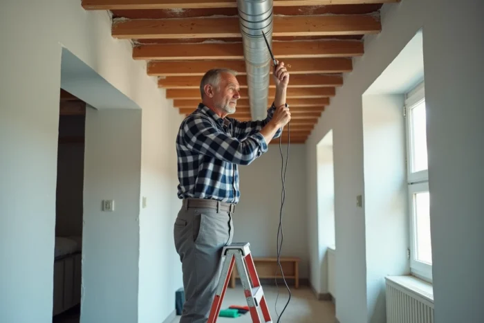 Propriétaire faisant passer un câble électrique dans un conduit au plafond lors de travaux de rénovation d'un couloir
