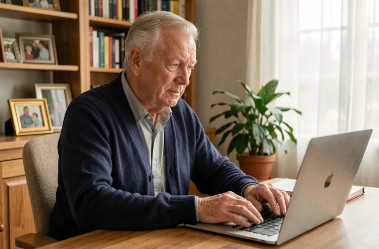 Retraité Orange accédant à son espace personnel CCUES sur un ordinateur portable depuis son bureau à domicile