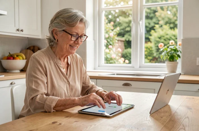 Retraitée Orange utilisant une tablette pour se connecter au portail CCUES depuis sa cuisine