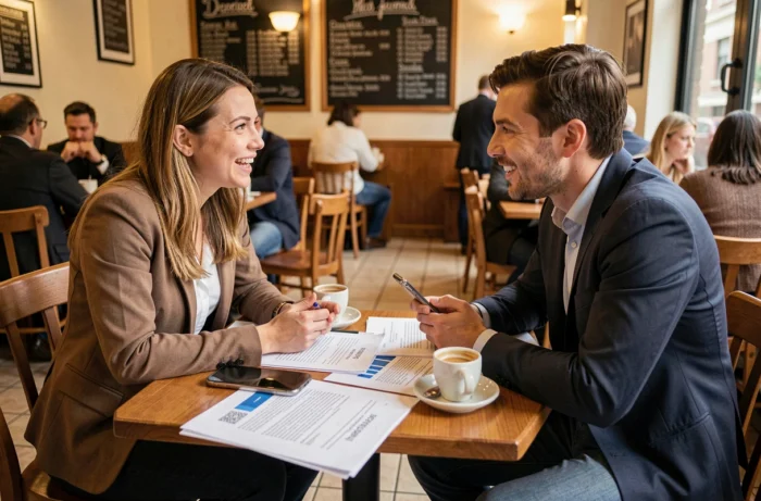 Deux jeunes entrepreneurs discutant du lancement de leur petite entreprise autour de documents dans un café urbain