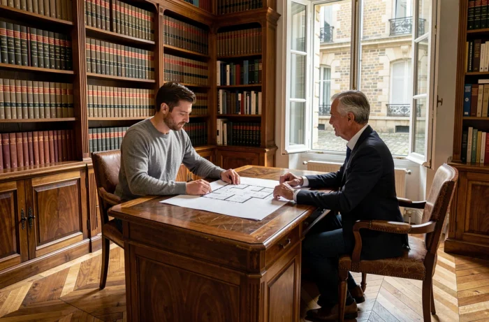 Homme en réunion avec un agent immobilier dans une étude notariale parisienne pour un achat appartement