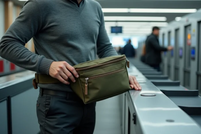 Homme déposant un sac banane vert olive dans un bac de contrôle de sécurité dans un aéroport